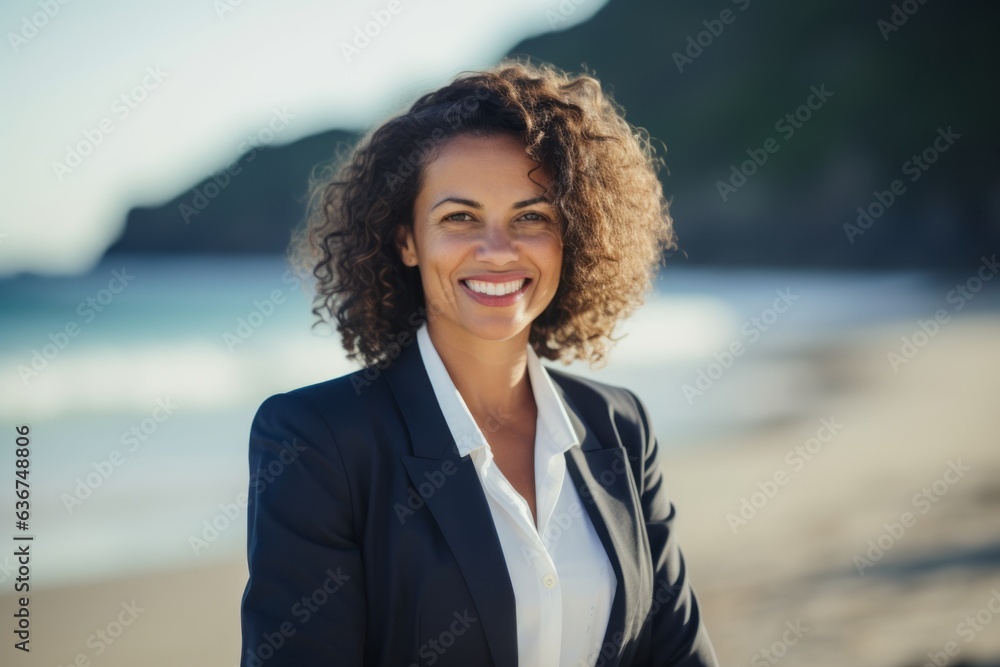 Portrait of smiling businesswoman standing on beach at the day time Portrait of smiling businesswoman standing on beach at the day time