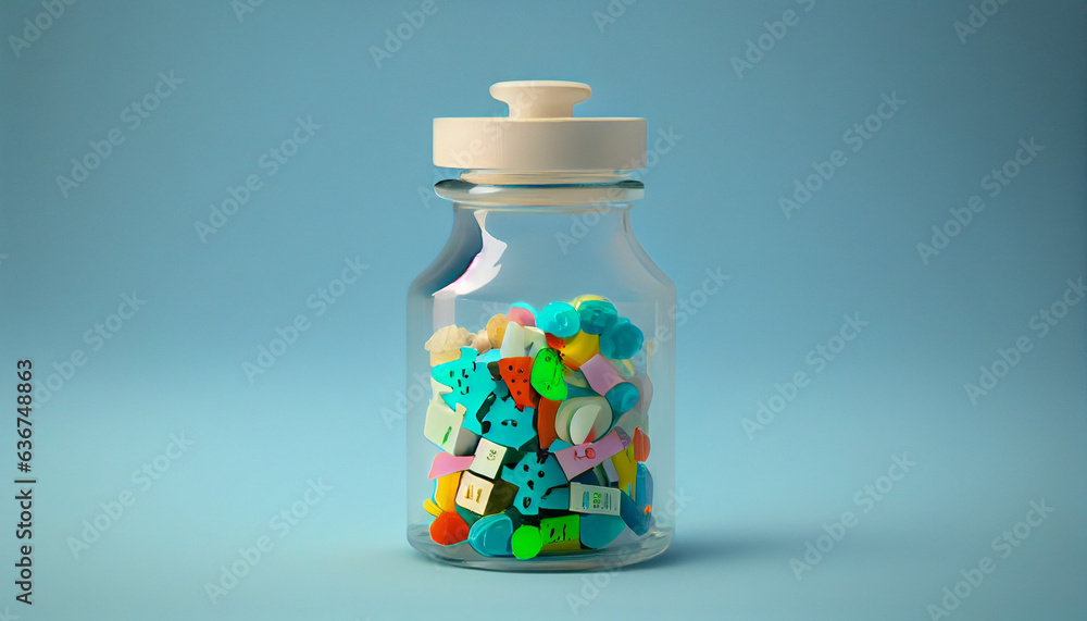 Nootropics for ADHD or Additives for attention and concentration in glass container on light blue background, blue glass jar with flowers, Ai generated image Nootropics for ADHD or Additives for attention and concentration in glass container on light blue background, blue glass jar with flowers, Ai generated image