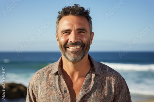 Portrait of smiling man standing at beach in the sunshine on a sunny day