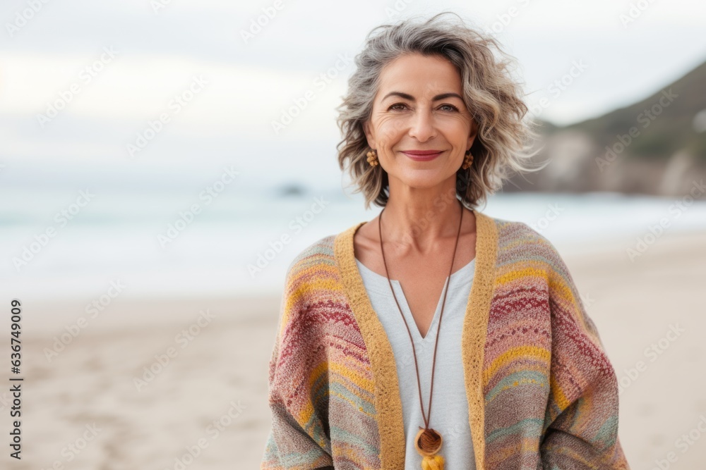 Medium shot portrait of a Brazilian woman in her 50s in a beach background wearing a chic cardigan