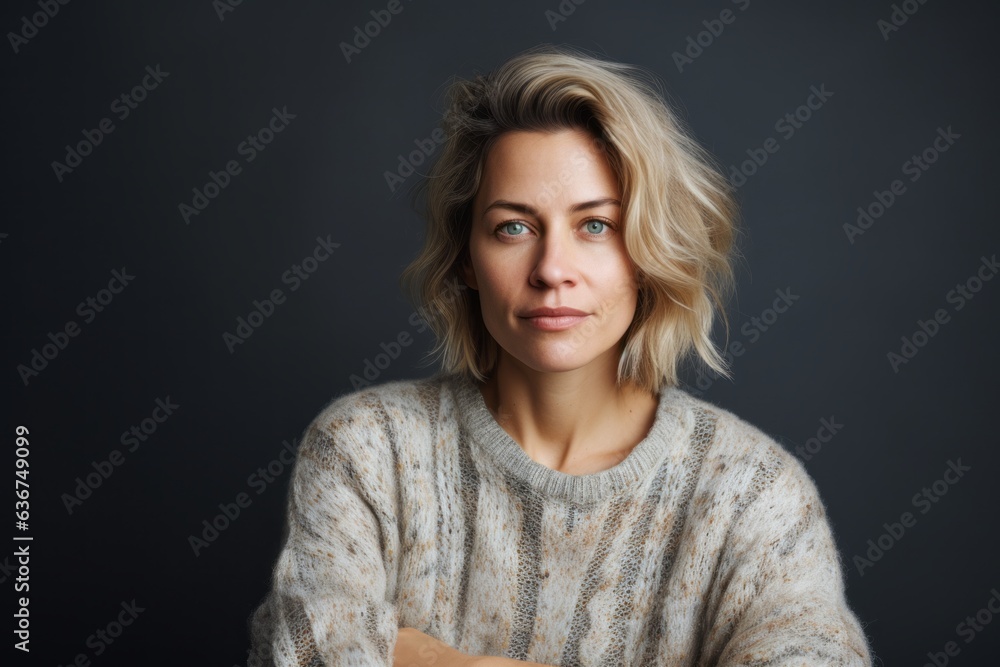 Portrait of a Russian woman in her 30s in an abstract background wearing a cozy sweater Portrait of a Russian woman in her 30s in an abstract background wearing a cozy sweater