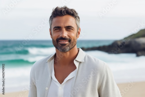 Portrait of handsome man smiling at camera at beach during sunny day