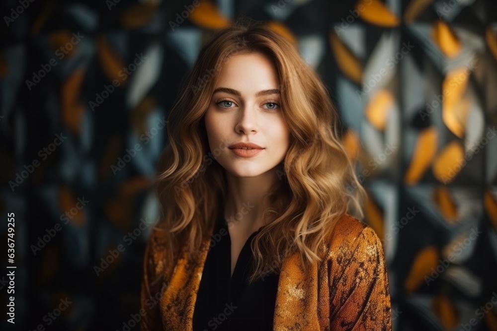 Medium shot portrait of a Russian woman in her 30s in an abstract background wearing a chic cardigan