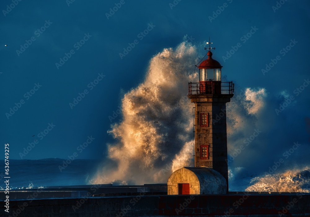 Large wave crashes against a pier in front of a picturesque lighthouse, illuminated by the sun