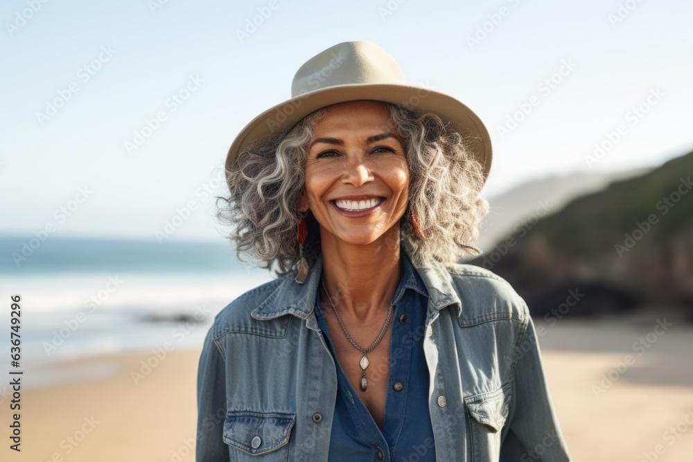 Portrait of happy mature woman with hat smiling at camera on beach