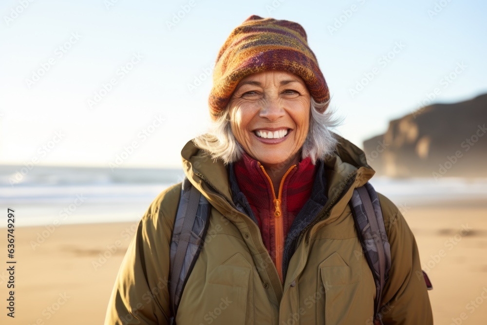 Portrait of smiling senior woman walking on beach on a sunny day