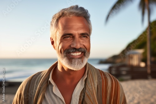 Portrait of handsome mature man on beach. Man looking at camera and smiling