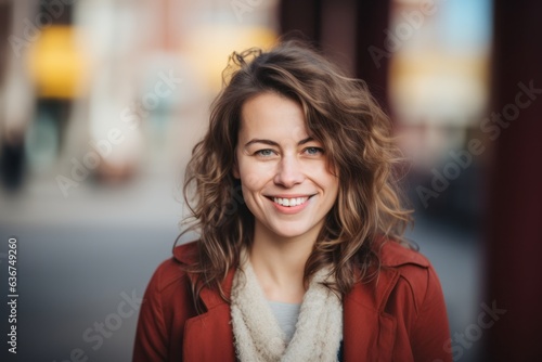 Portrait of a Russian woman in her 30s in an abstract background wearing a chic cardigan