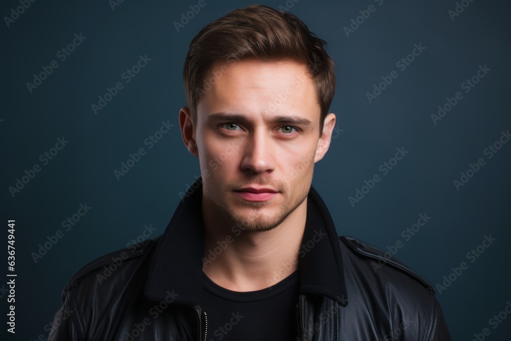 Medium shot portrait of a Russian man in his 30s in an abstract background wearing a chic cardigan