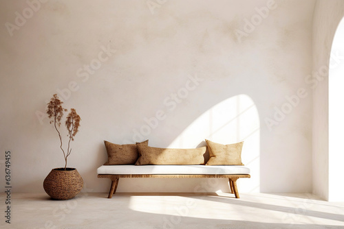 Stampa su tela Wood log bench with beige cushions against stucco wall with copy space
