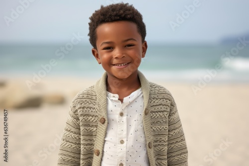 Portrait of cute african american boy smiling at camera on the beach