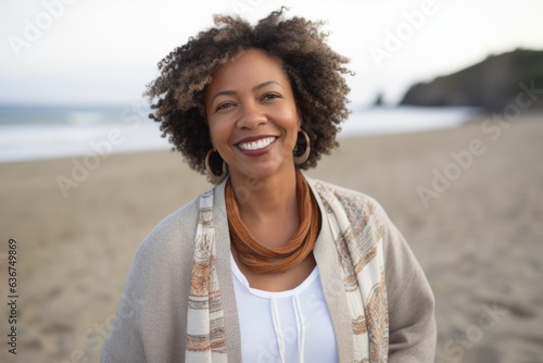 Front view of a smiling young woman with curly hair at the beach