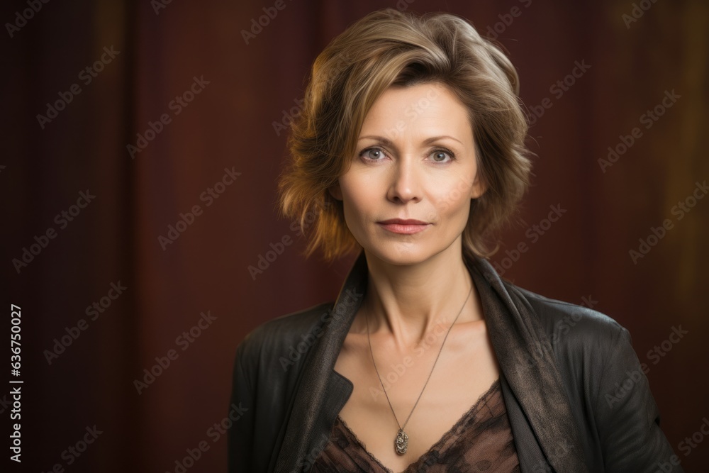 Portrait of a Russian woman in her 40s in an abstract background wearing a chic cardigan Portrait of a Russian woman in her 40s in an abstract background wearing a chic cardigan