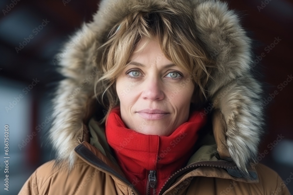 Medium shot portrait of a Russian woman in her 40s in an abstract background wearing a warm parka Medium shot portrait of a Russian woman in her 40s in an abstract background wearing a warm parka