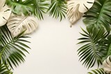 Top view tropical foliage on sand backdrop. Simple summer theme with palm leaf. Ample white space. Generative AI