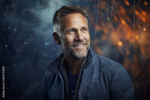 Portrait of a Russian man in his 40s in an abstract background wearing a chic cardigan