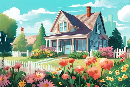 Illustration of a flowerbed with a house in the background. Generative AI