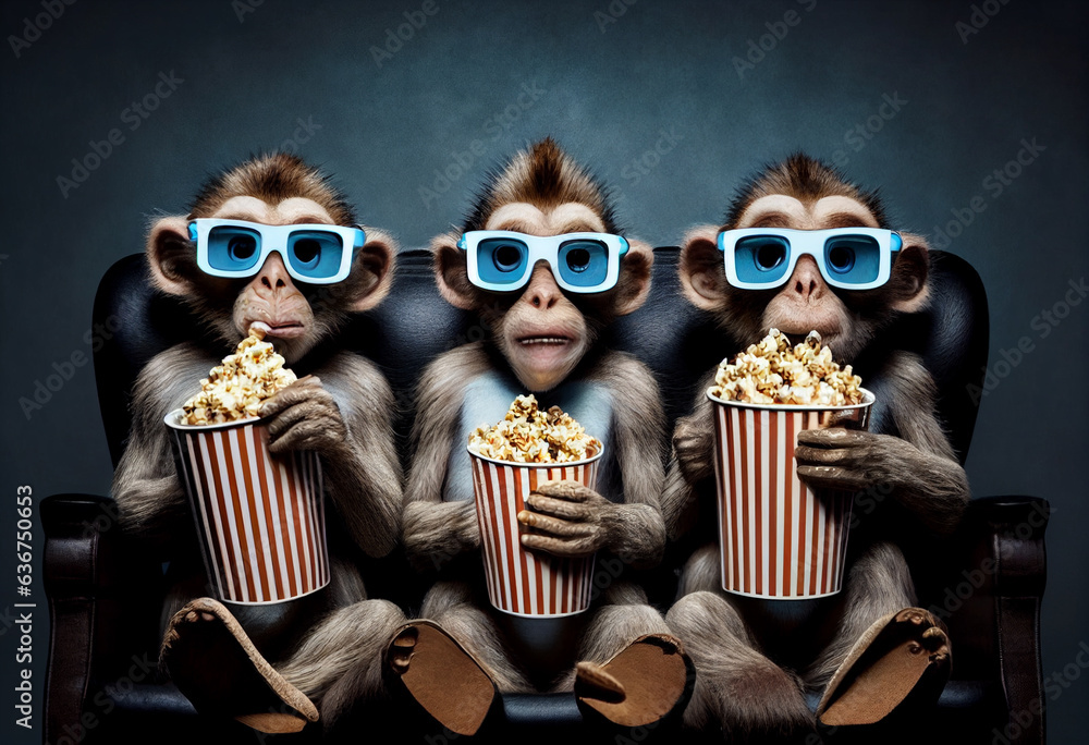 Monkeys in 3D glasses are sitting in the cinema with large glasses of popcorn. AI generated