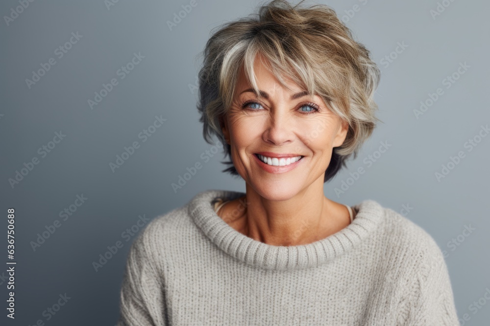 Fototapeta premium Portrait of a Russian woman in her 50s in an abstract background wearing a cozy sweater