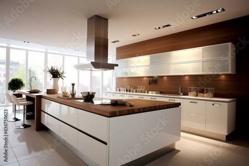 Contemporary kitchen in white and brown. Generative AI