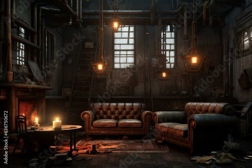 Dimly lit 3D interior with grunge elements and smokey ambiance. Generative AI