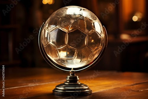 Soccer ball in globe stand. Generative AI