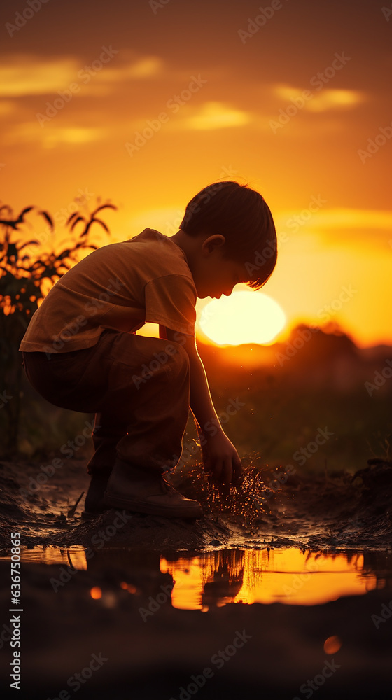 silhueta de criança brincando ao pôr do sol