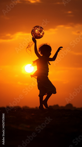 silhueta de criança brincando ao pôr do sol