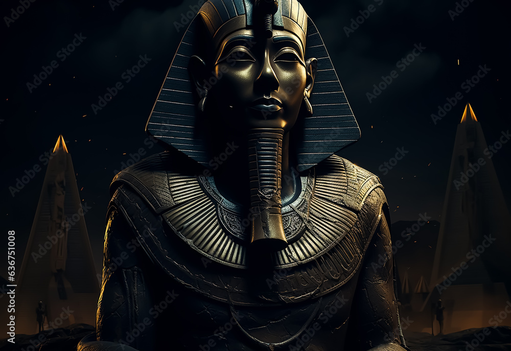 Egyptian pharaoh Sphinx statue in black marble at night in front of Giza pyramids, Old Egyptian Civilization
