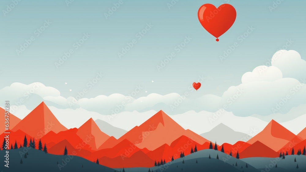 Red heart balloon flying through the sky over the mountains, wedding wishes for a love that reaches new heights, layout for wedding marriage wishes and celebration background with copy space for text