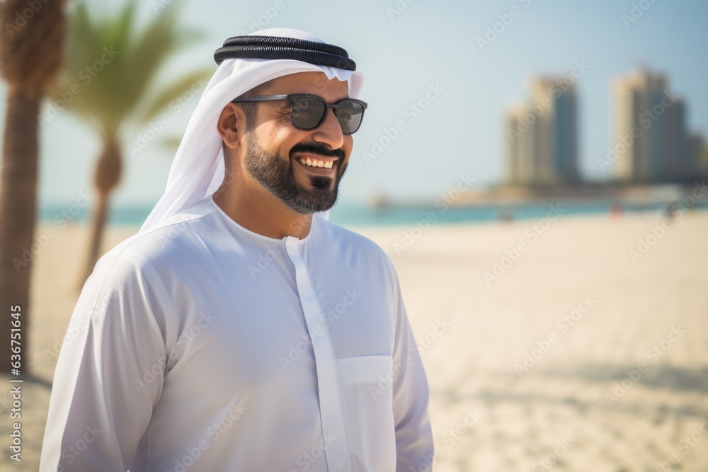 Portrait of young arabian man with sunglasses at the beach