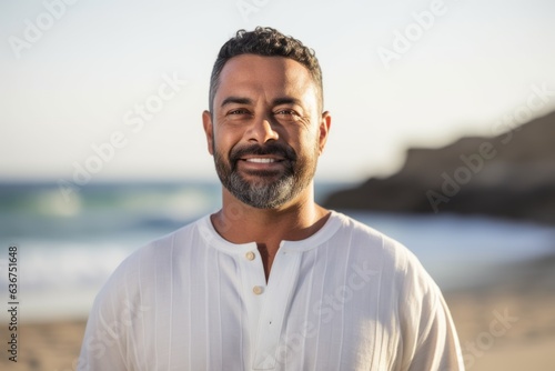 Portrait of smiling man standing on beach at the day time. Looking at camera