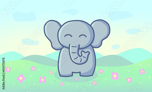 Elefante kawaii en un campo de flores