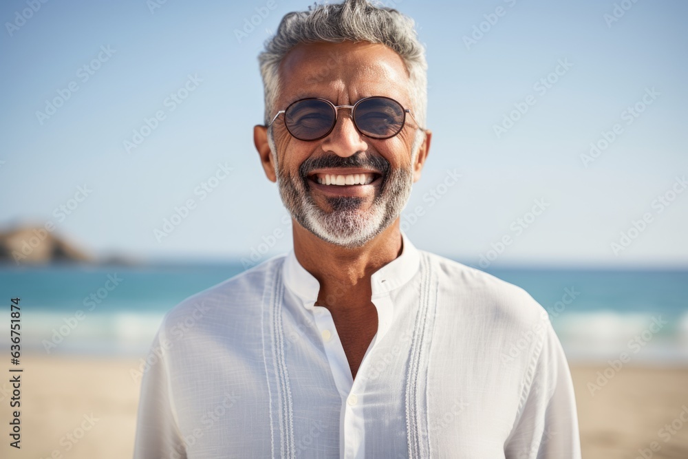 Portrait of smiling senior man with sunglasses on the beach in summer Portrait of smiling senior man with sunglasses on the beach in summer