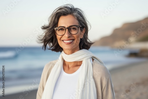 Portrait of smiling woman wearing scarf and eyeglasses on the beach © Eber Braun