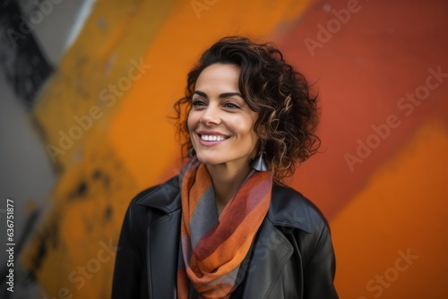 Portrait of a Brazilian woman in her 40s in an abstract background wearing a chic cardigan