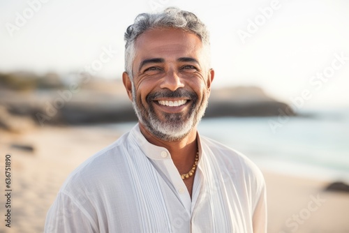 Portrait of happy mature man smiling at camera on beach during sunny day