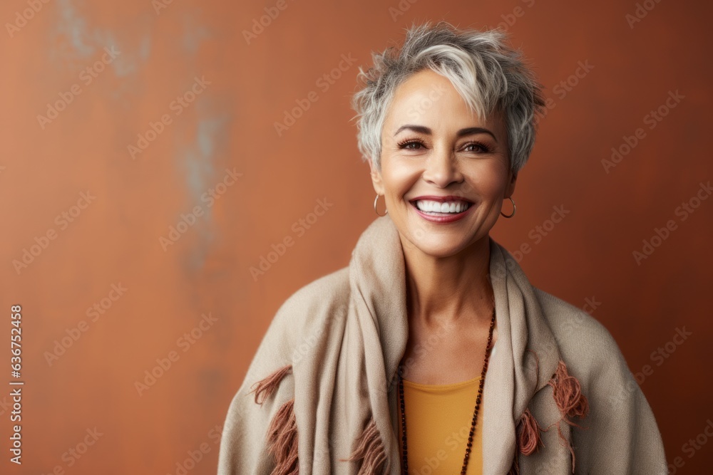 Portrait of a Brazilian woman in her 50s in an abstract background wearing a chic cardigan Portrait of a Brazilian woman in her 50s in an abstract background wearing a chic cardigan