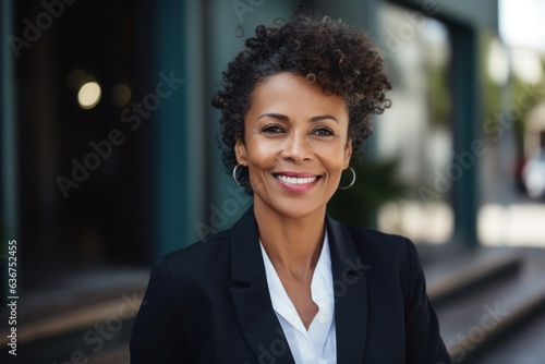 Portrait of a Brazilian woman in her 50s in an abstract background wearing a sleek suit