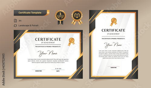 Black and gold certificate of achievement template set with black badge and border. For award, business, and education needs. Vector Illustration