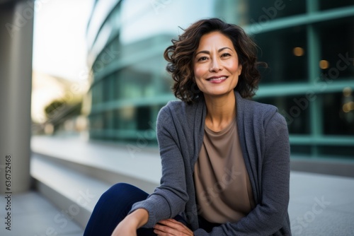 Portrait of smiling businesswoman sitting on steps in office building outdoors