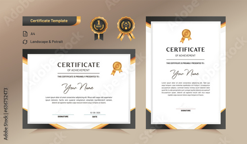 Black and gold certificate of achievement template. For award, business, and education needs. Vector Illustration