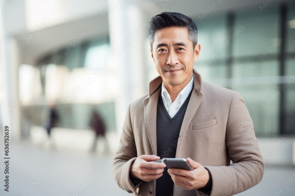 Portrait of a smiling asian businessman using mobile phone in office Portrait of a smiling asian businessman using mobile phone in office