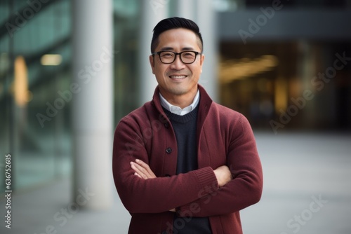 Portrait of a handsome asian man standing outdoors with arms crossed