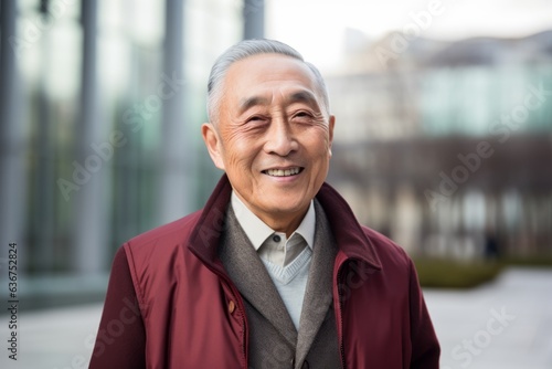 Portrait of smiling senior man in coat in front of office building