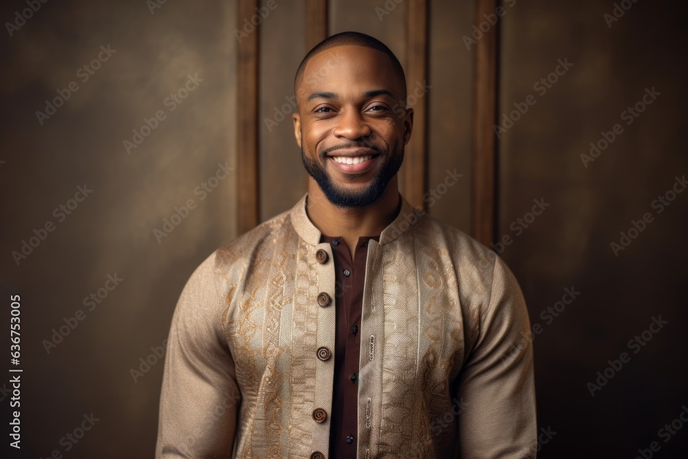 Medium shot portrait of a Nigerian man in his 30s in an abstract background wearing a chic cardigan Medium shot portrait of a Nigerian man in his 30s in an abstract background wearing a chic cardigan