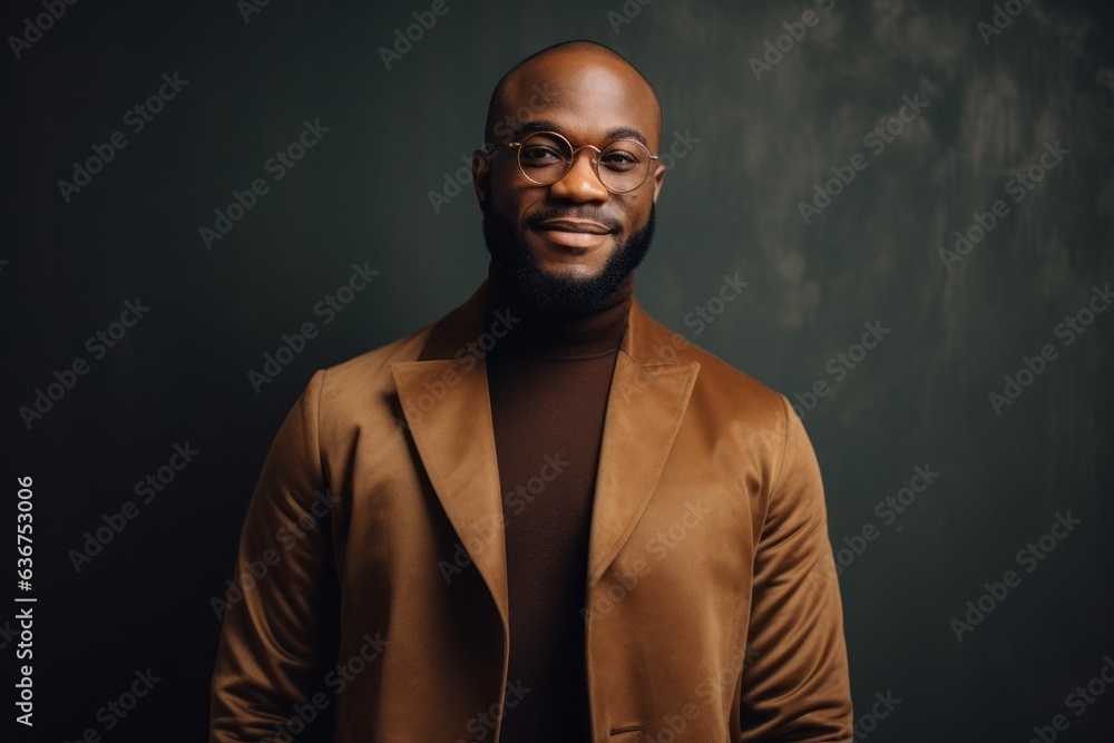 Medium shot portrait of a Nigerian man in his 30s in an abstract background wearing a chic cardigan
