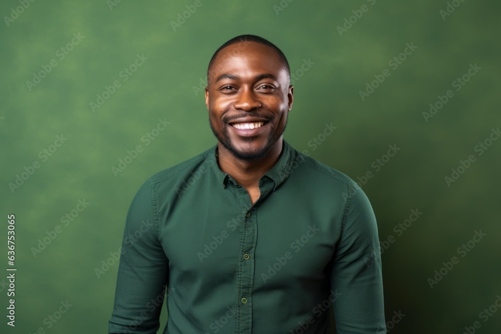 Medium shot portrait of a Nigerian man in his 30s in an abstract background wearing a chic cardigan