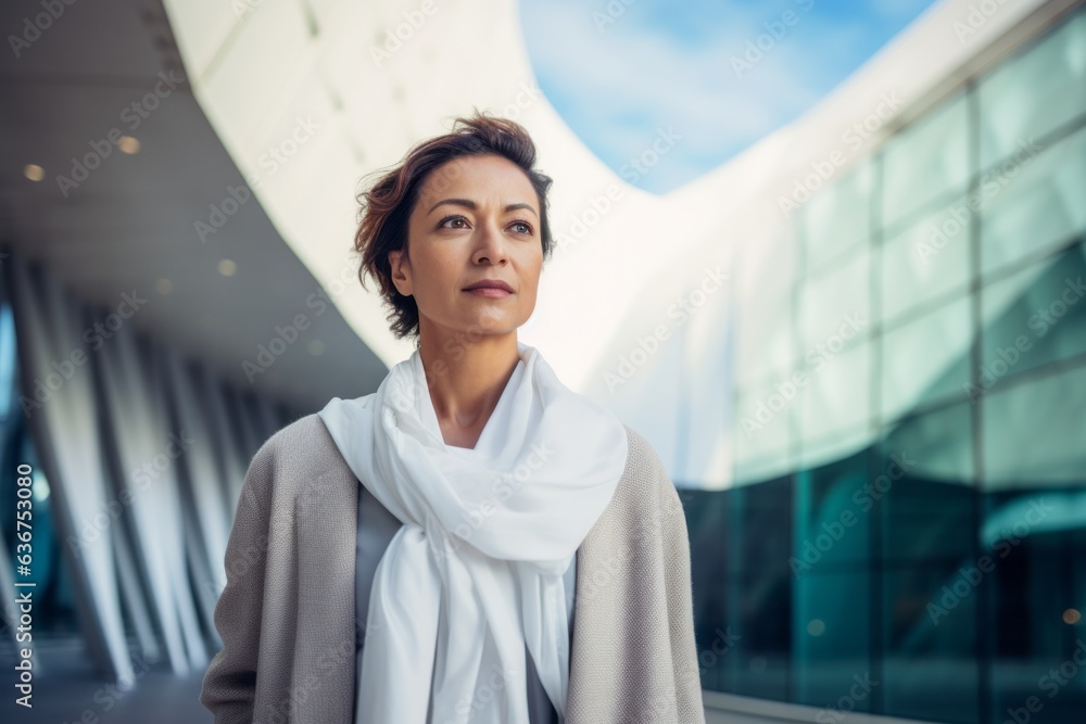 Portrait of a young businesswoman in a coat standing in an office building Portrait of a young businesswoman in a coat standing in an office building