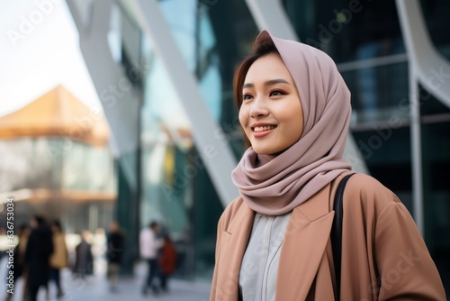 Portrait of a beautiful asian muslim woman wearing hijab walking outdoors